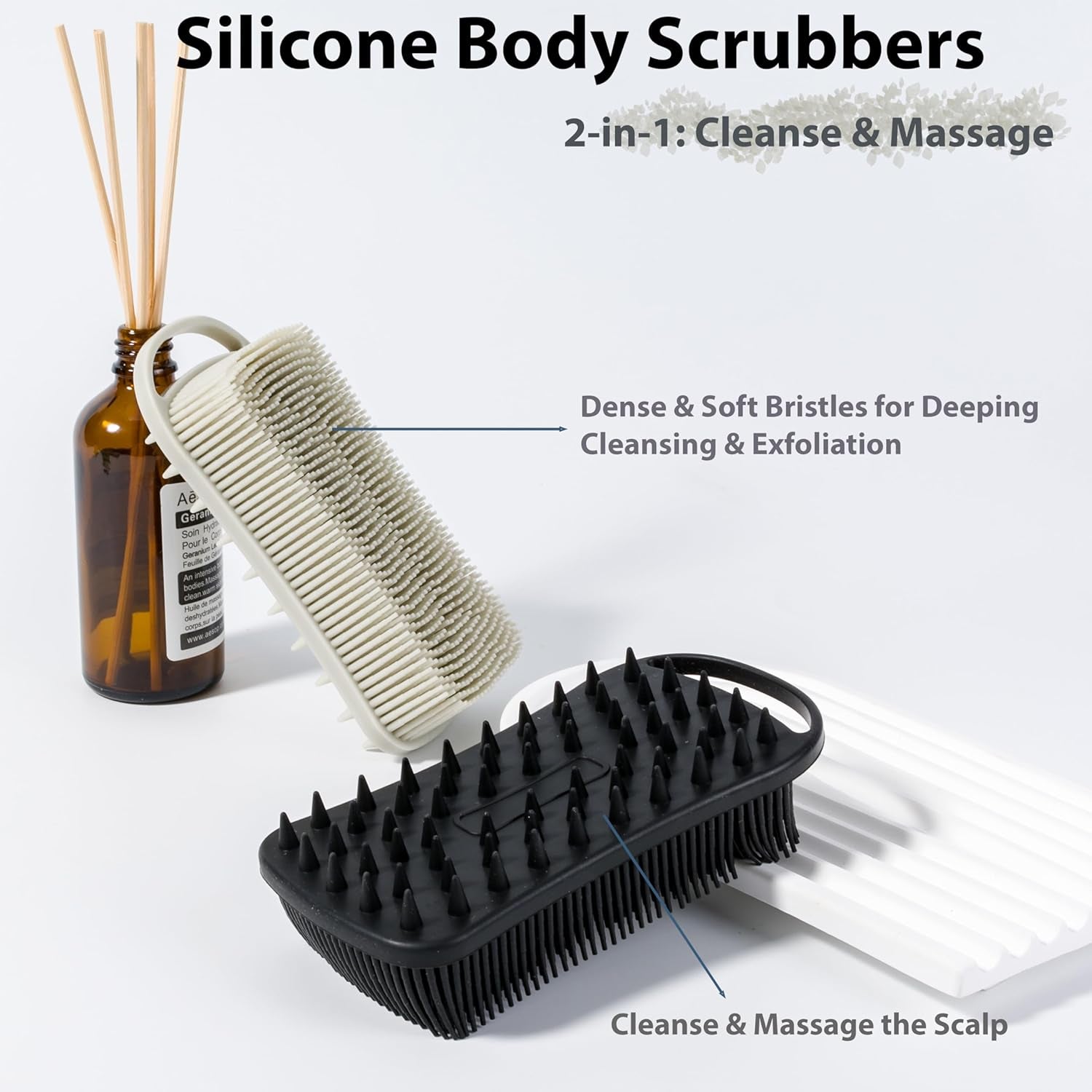 2 PC Silicone Exfoliating Body Scrubber, 2 in 1 Silicone Body Shampoo Brush, Soft Silicone Loofah for Sensitive Skin, Shower Silicone Hair Scalp Massager, Easy to Clean, Lather Well (Grey&Black)