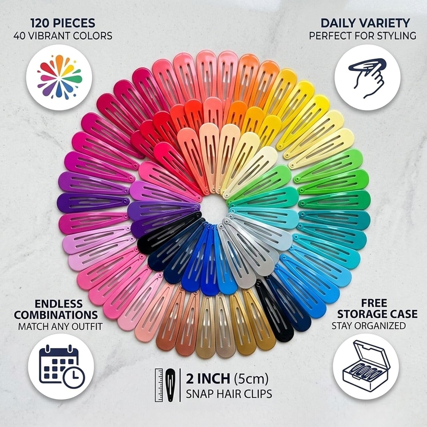 120 Pack Colorful Barrettes, 2 Inch Barrettes Metal Snap Hair Clips Candy Color Hair Accessories for Kids Teens, Toddlers,Women(40 Colors)