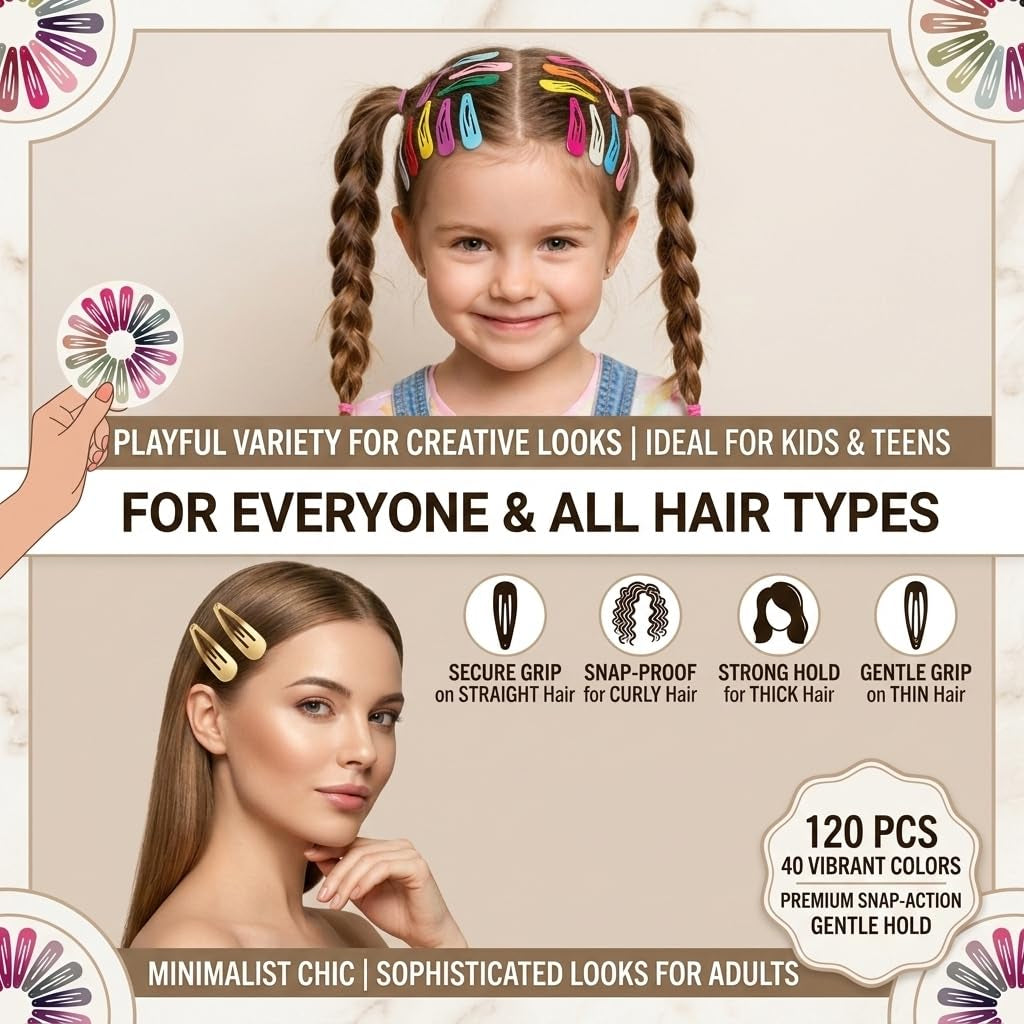 120 Pack Colorful Barrettes, 2 Inch Barrettes Metal Snap Hair Clips Candy Color Hair Accessories for Kids Teens, Toddlers,Women(40 Colors)